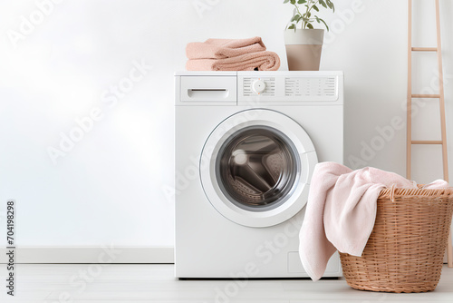 Modern washing machine and laundry basket in a bathroom with a white wall, offering ample text space.

