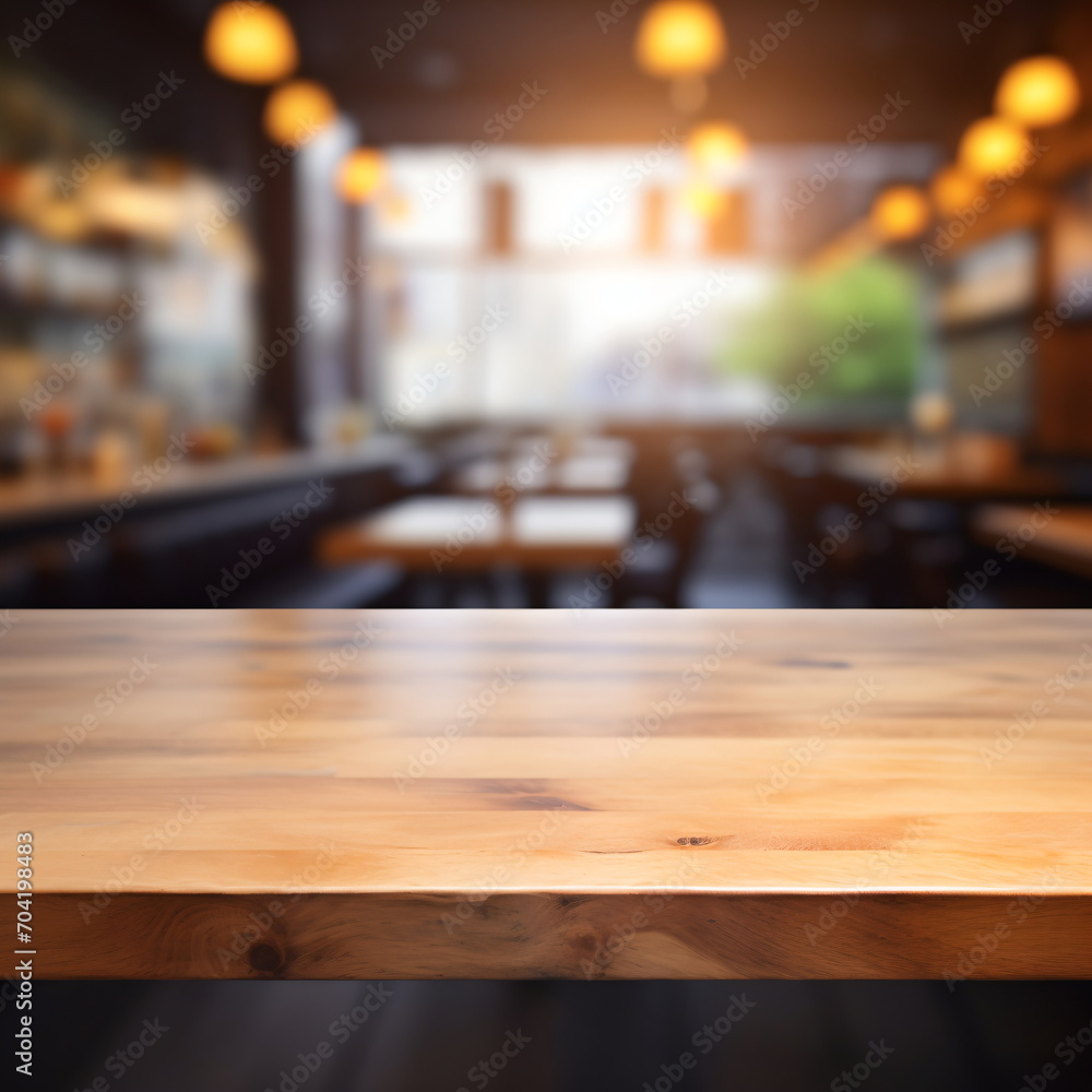 Wooden table in a restaurant with a blurred background