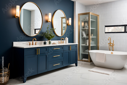 Brand new luxury home showcases a beautiful bathroom flooded with light, featuring a spacious vanity with dark blue cabinets, two sinks, a bathtub, circular mirrors, and a stylish closet. photo