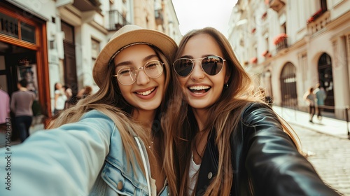 Two happy girls in sunglasses and hats taking a selfie