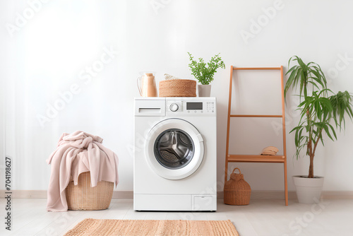 Modern washing machine and laundry basket in a bathroom with a white wall, offering ample text space. 