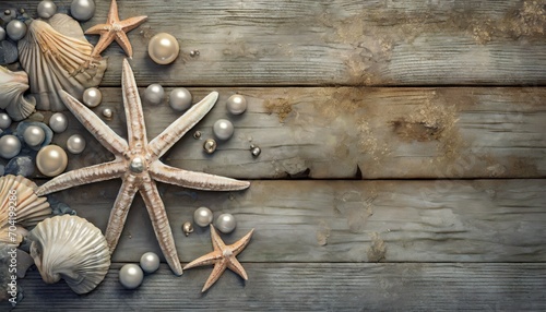 Vintage beach starfish pearls and seashell background on worn boardwalk plants background wallpaper wedding
