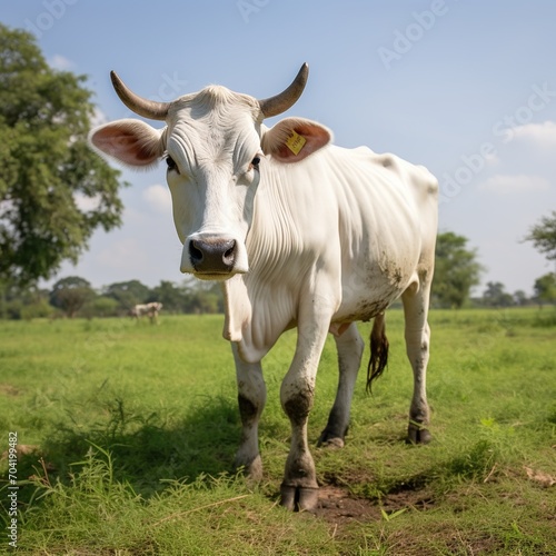 White cow standing in a lush green field looking at the camera