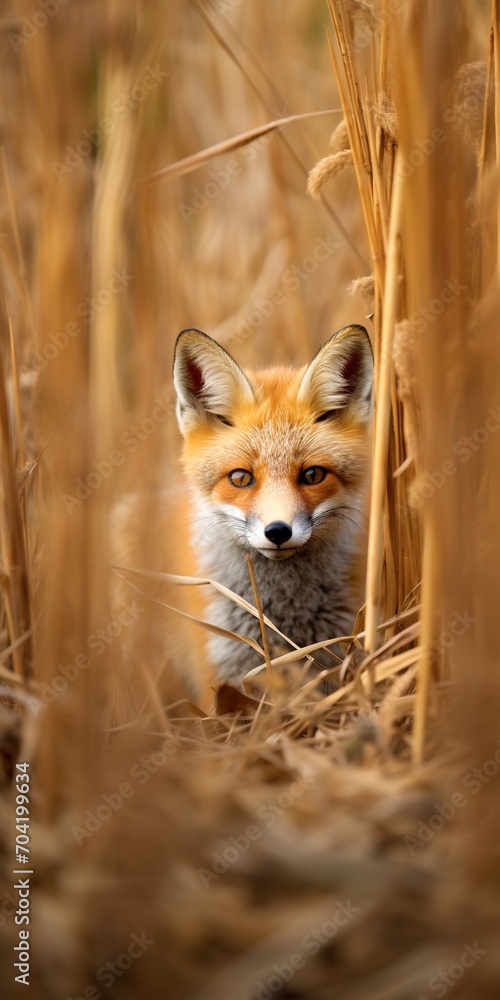 Red fox hiding in a field of tall grass Red fox hiding in a field of tall grass