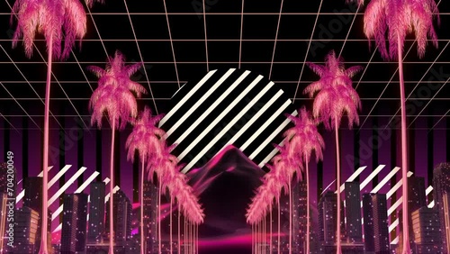 retro trips with striped moon, palm trees, mountain views and night city 