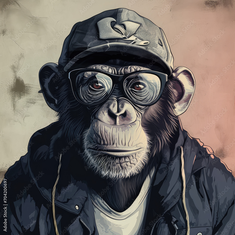 Monkey portrait with glasses and urban style cap lofi album cover