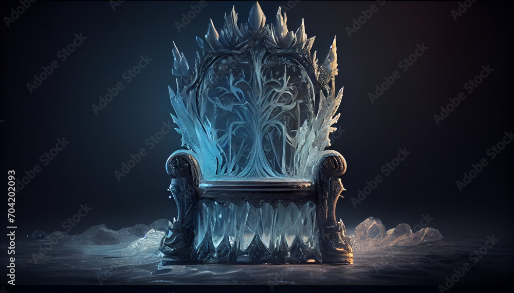 A throne made of ice with large snowflakes in the center and on the ...