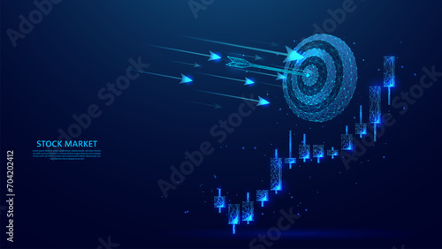 candlestick illustration of stock trading and investment targets in blue low poly style. investment goals, profits, and bullish trends. photo