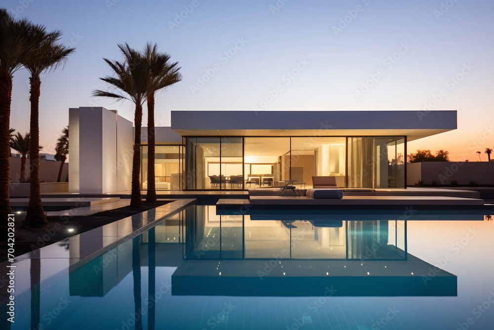 Modern house with pool and palm trees