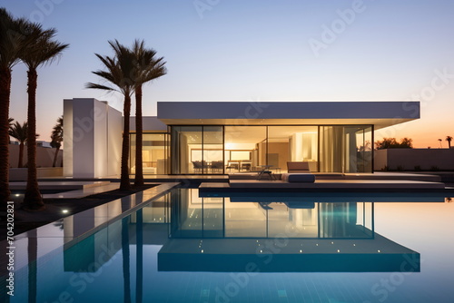 Modern house with pool and palm trees © duyina1990