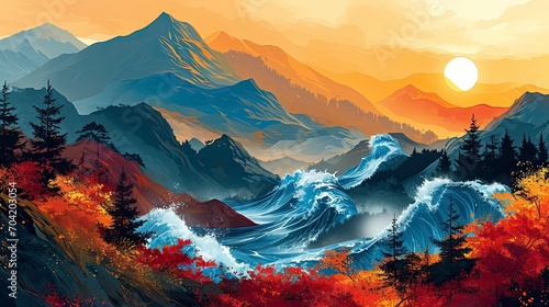 Abstract Landscape Japanese Wave Pattern, Wallpaper Pictures, Background Hd