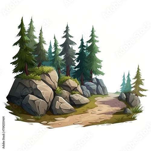 Cartoon illustration of a rocky hill with a dirt path and pine trees