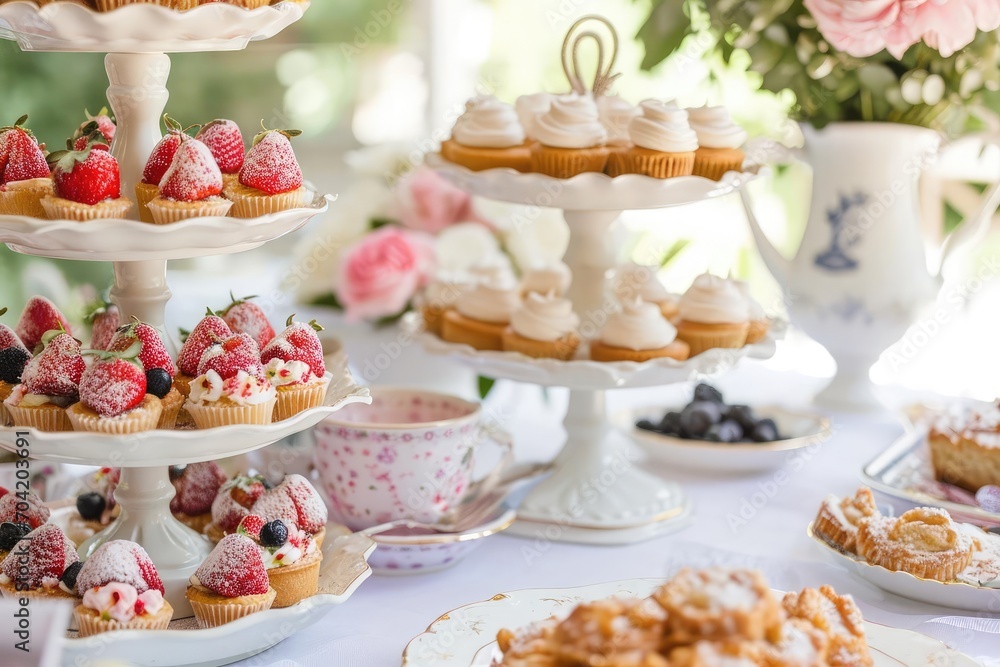 Elegant tea party setup with fine china and pastries Elegant tea party setup with fine china and pastries