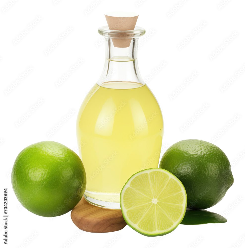 Lime juice bottle with ripe limes isolated. Lime juice bottle with ripe limes isolated.