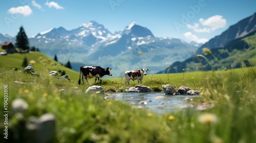 Two cows standing in a lush green field with mountains in the distance