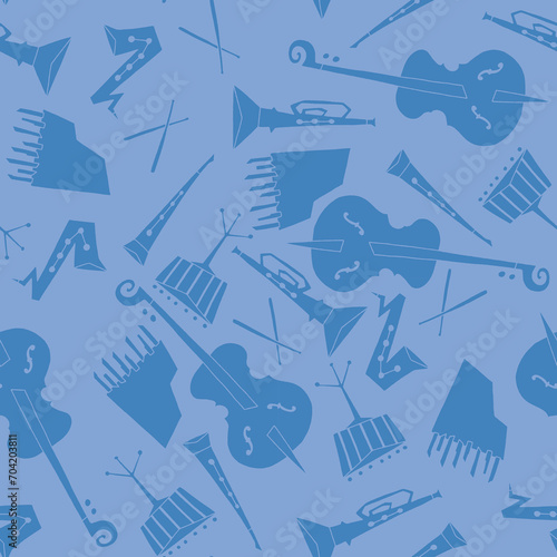 Vector Blue Illustration of Jazz Music Instruments Seamless Pattern 