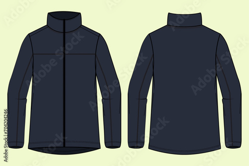 Mens funnel neck sweat flat sketch,  zip warm up top  vector illustration gym and training long sleeve zip up sports technical cad drawing template