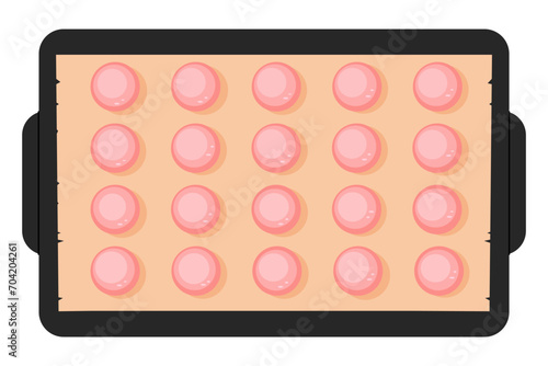 French macaroon. Cooking homemade sweet dessert on parchment. Pink macarons on baking sheet. Delicious cartoon macarons illustration on white background