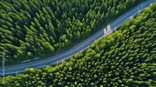 Aerial View of Winding Road Through Dense Green Forest