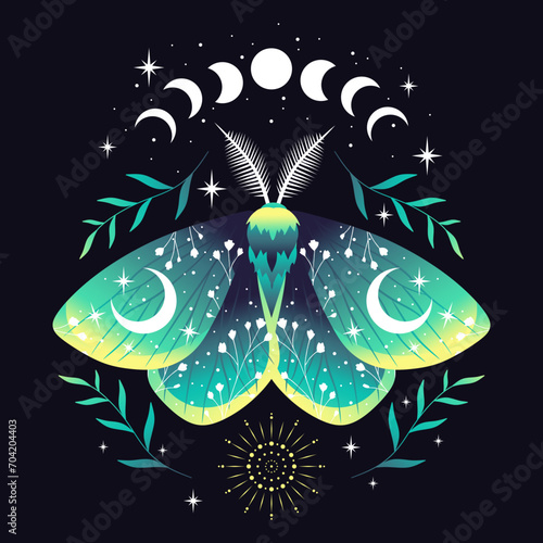 Vector illustration of green moon moth. For print for T-shirts and bags, decor element. Mystical and magical, astrology illustration
