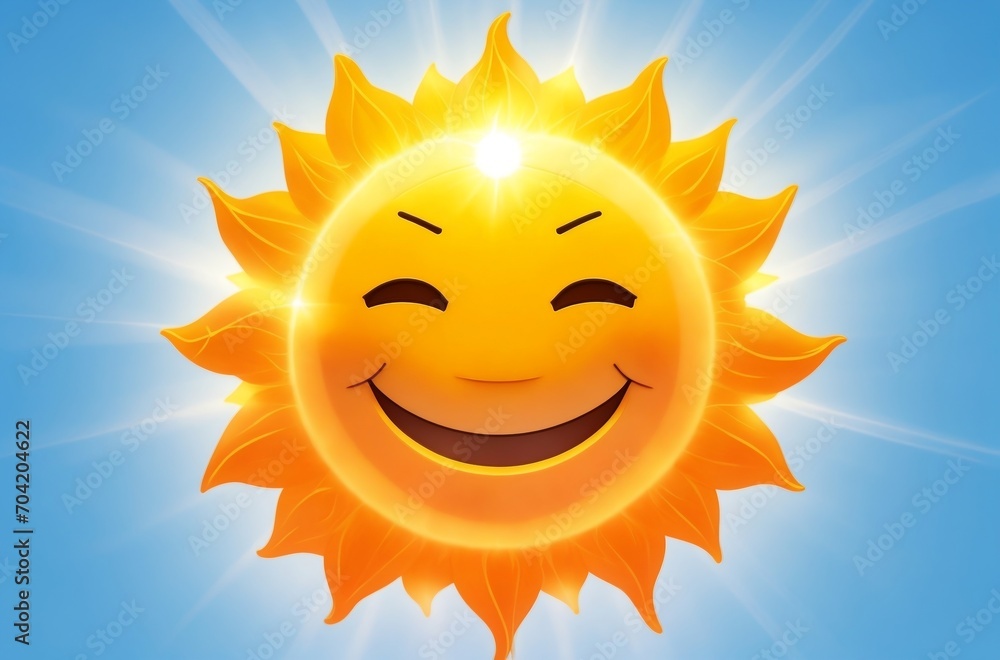 A radiant sun with a cheerful smile illuminates a bright blue sky. Perfect for conveying positivity and warmth!