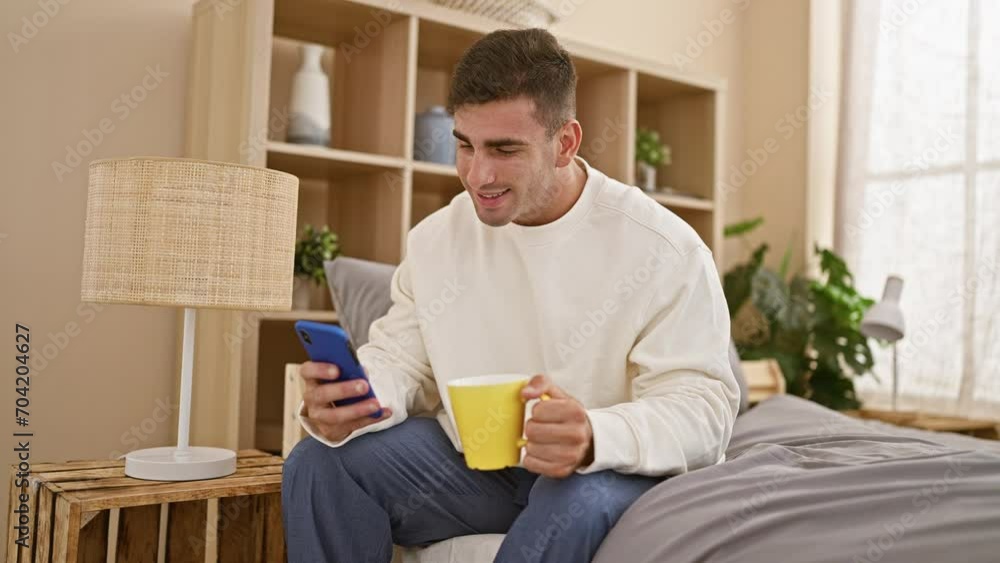 Confident young hispanic man smiling comfortably, relaxing in the morning light, sipping coffee in bed while immersed in his phone messages Confident young hispanic man smiling comfortably, relaxing in the morning light, sipping coffee in bed while immersed in his phone messages