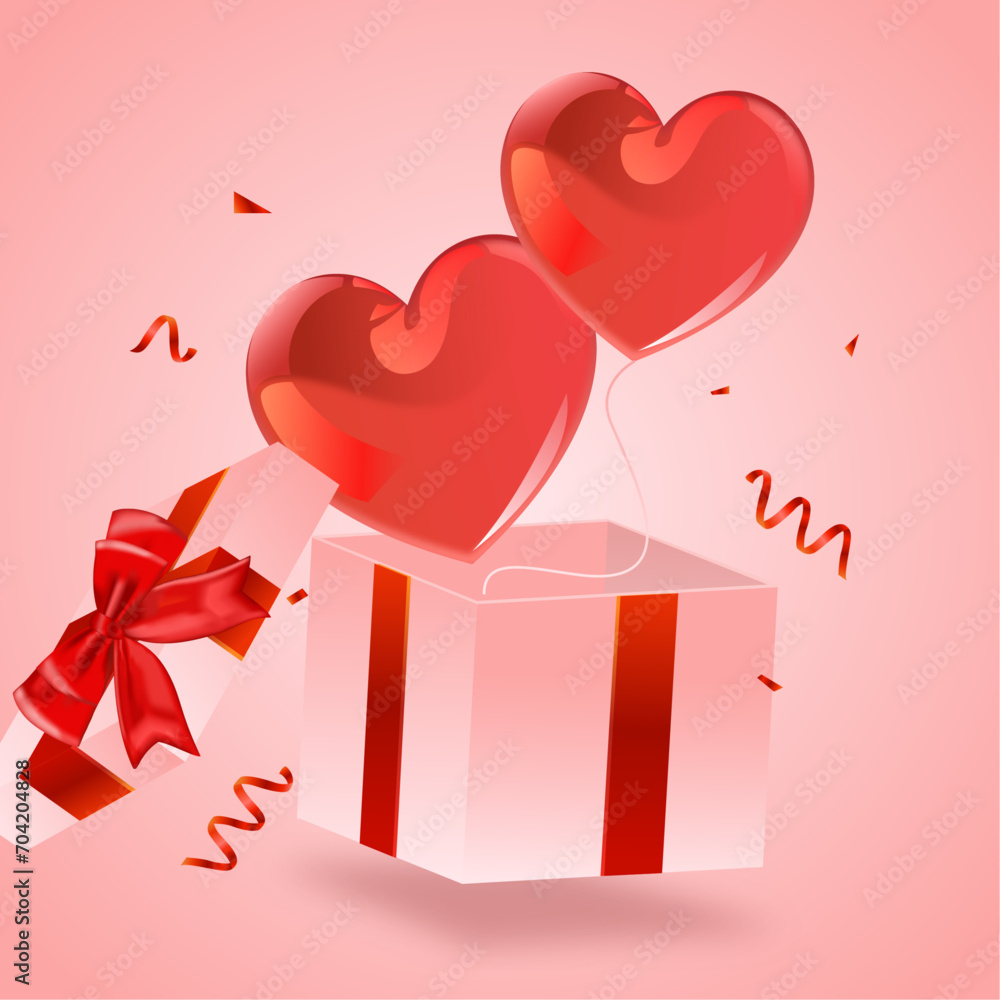 Valentines' Day card with gift box and ribbon in pink background ready for poster sale. Vector Illustrator 