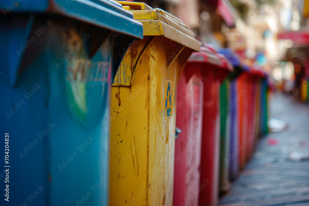 Color-coded garbage cans for sorting waste on a city street, promoting an ecological and recycling concept.