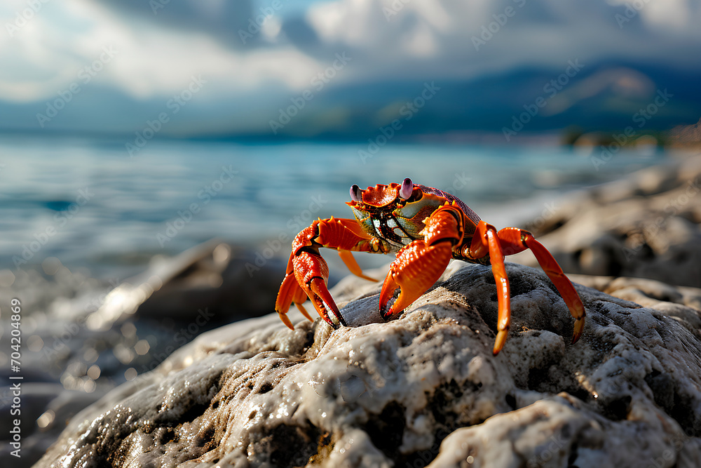 A red crab on a stone, set against a backdrop of the sea and mountains.
A red crab on a stone, set against a backdrop of the sea and mountains.