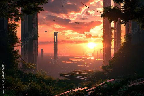 View of the future world at sunset. City of the future, big skyscrapers