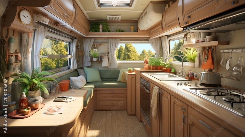 Cozy interior of a recreational vehicle with a kitchen and living area Cozy interior of a recreational vehicle with a kitchen and living area