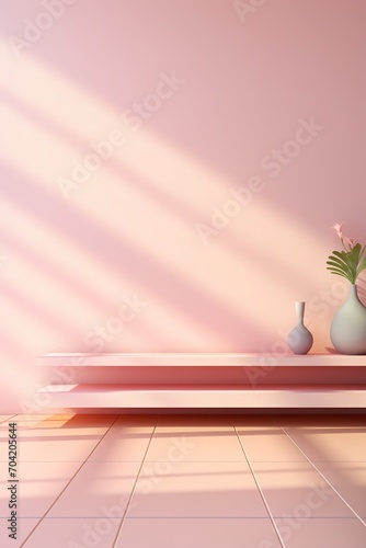 3D rendering of a pink room with a shelf and vases
