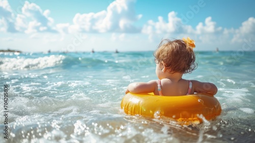 Fotografie, Obraz Little child girl in swimwear with swim ring playing in sea water at tropical beach on summer sunny day