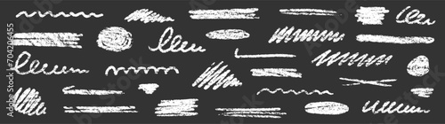 Chalk brush underline stroke set. Crayon marker highlight scribble stroke. Vector hand drawn brush underline element set for accent, crayon texture emphasis element. Rough chalk vector illustration