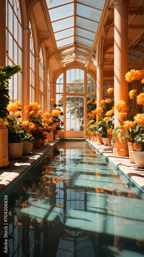Sunlit Orangery with Pool and Flowers