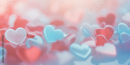 Close up light red and blue heart shaped candies. Blurred background with hearts. Happy Valentine's day background for poster, card, postcard, banner