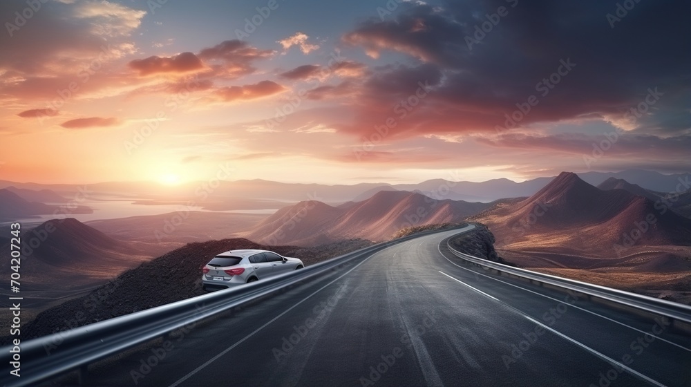 Car on a mountain road at sunset