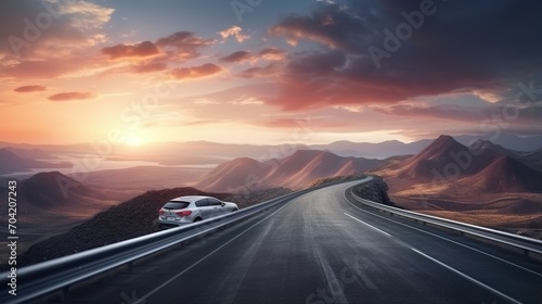Car on a mountain road at sunset photo