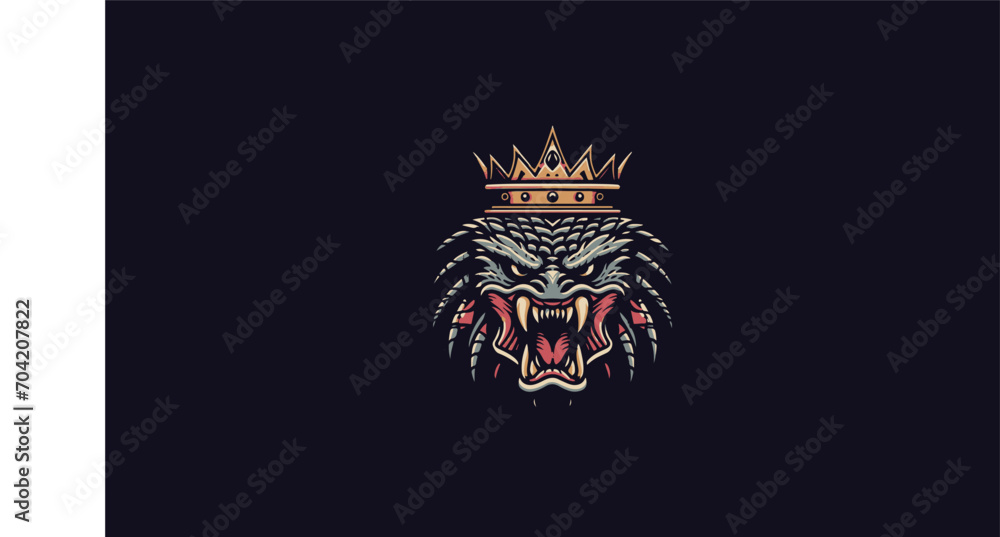 Fototapeta premium head predator wearing crown vector illustration mascot flat design