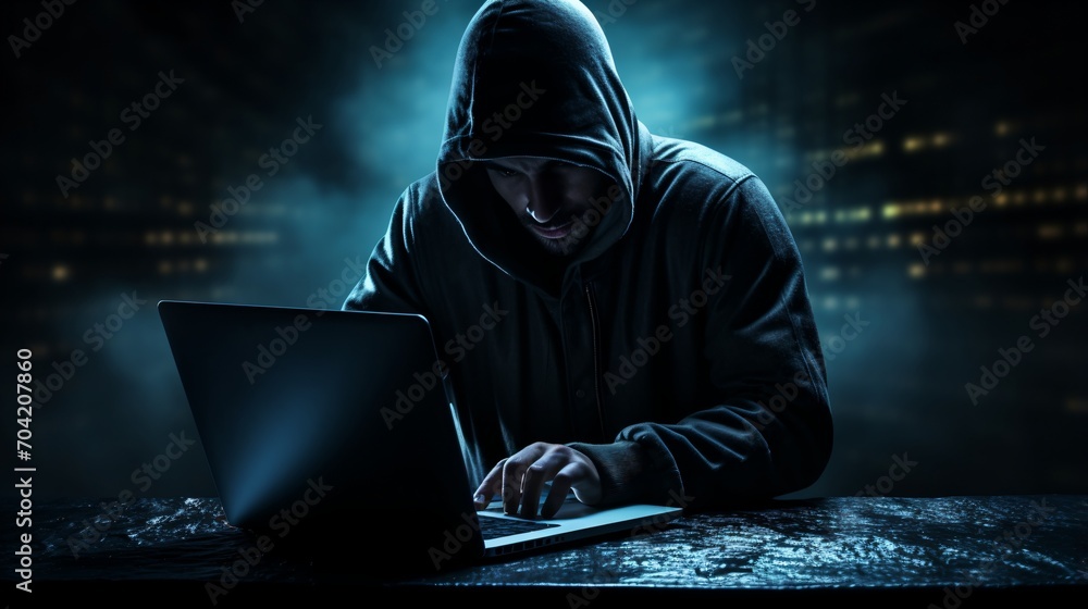 Man in black hoodie using laptop in dark room Man in black hoodie using laptop in dark room