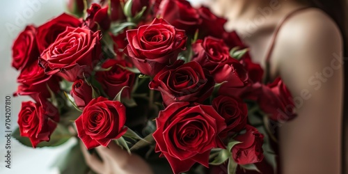 Beautiful bouquet of red roses in woman s hands  closeup