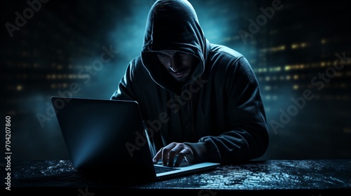 Man in black hoodie using laptop in dark room