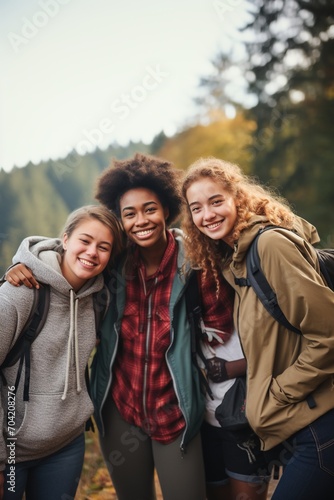 Three happy young female friends hiking in the mountains