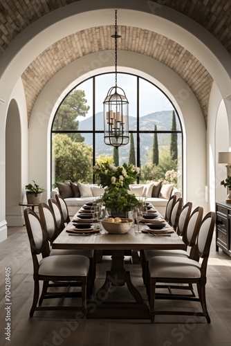 Elegant dining room with large arched window