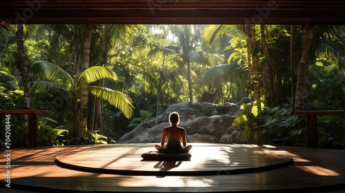 woman meditating in a yoga studio with a jungle view