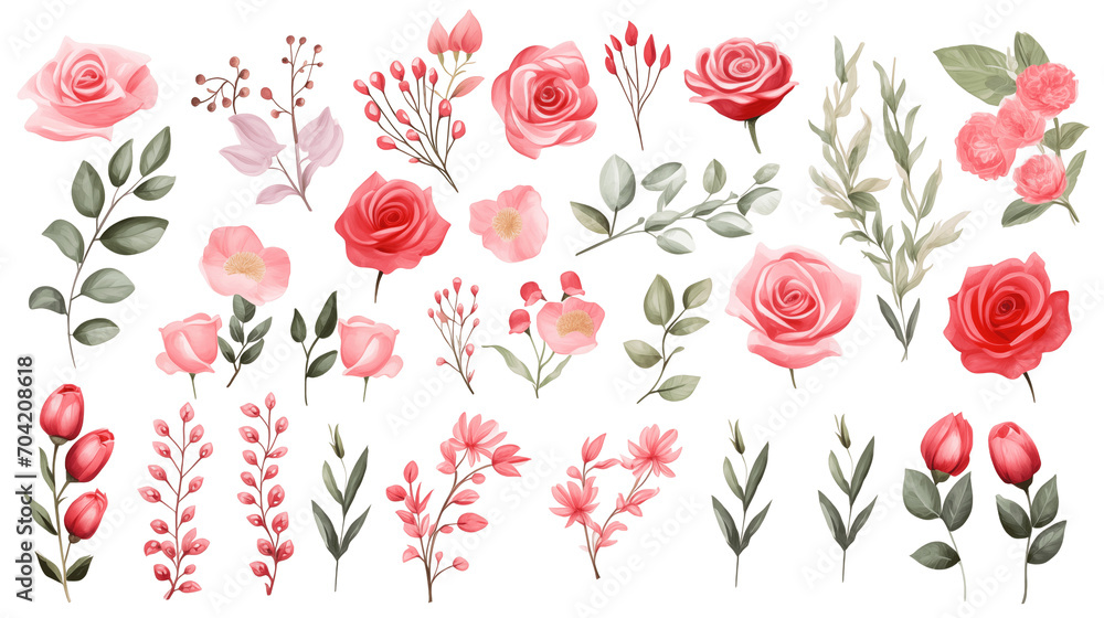 Watercolor elements are pink, red roses, and flowers on a white background