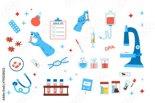 cartoon medical test background in blue and red colors. Vector illustration isolated. Set of medical test equipment - blood tube, hand in gloves with tubes. 