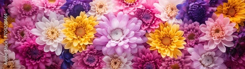 Summer flowers. Autumn pink purple yellow violet chrysanthemum Flowers. Postcard . Floral banner