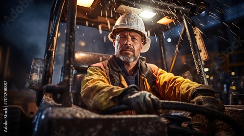 Portrait of a male factory worker wearing a hard hat and safety vest photo