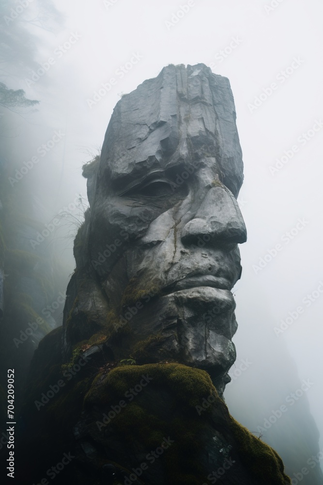 Rock formation that looks like a giant head shrouded in mist